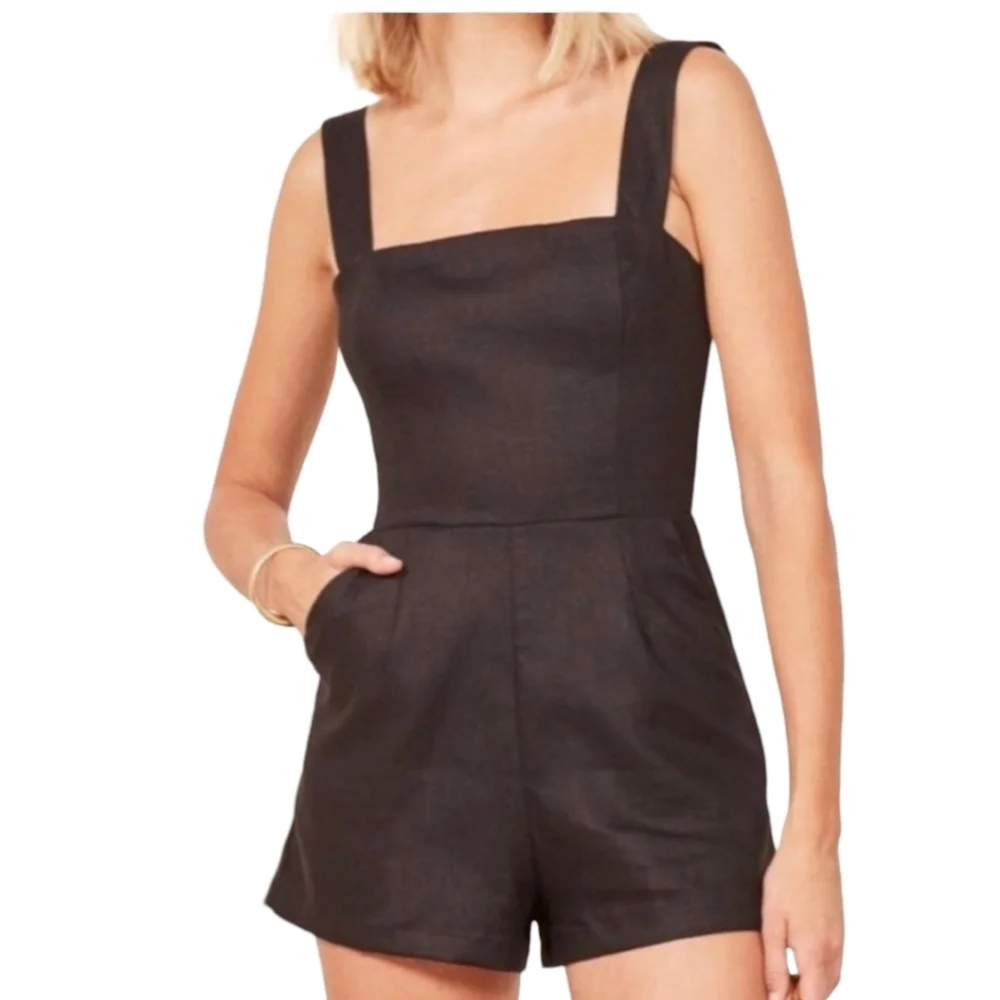 Reformation Black Square-Neck Romper Linen